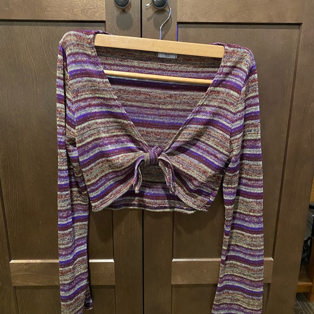 Women’s Purple gold sparkle glitter shrug tie front top